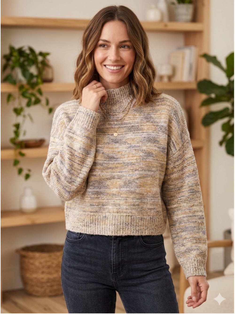 EN/KAY Navleen Space Dye Mock Neck Knit Crop Boxy Sweater M Slouchy woman’s 2114